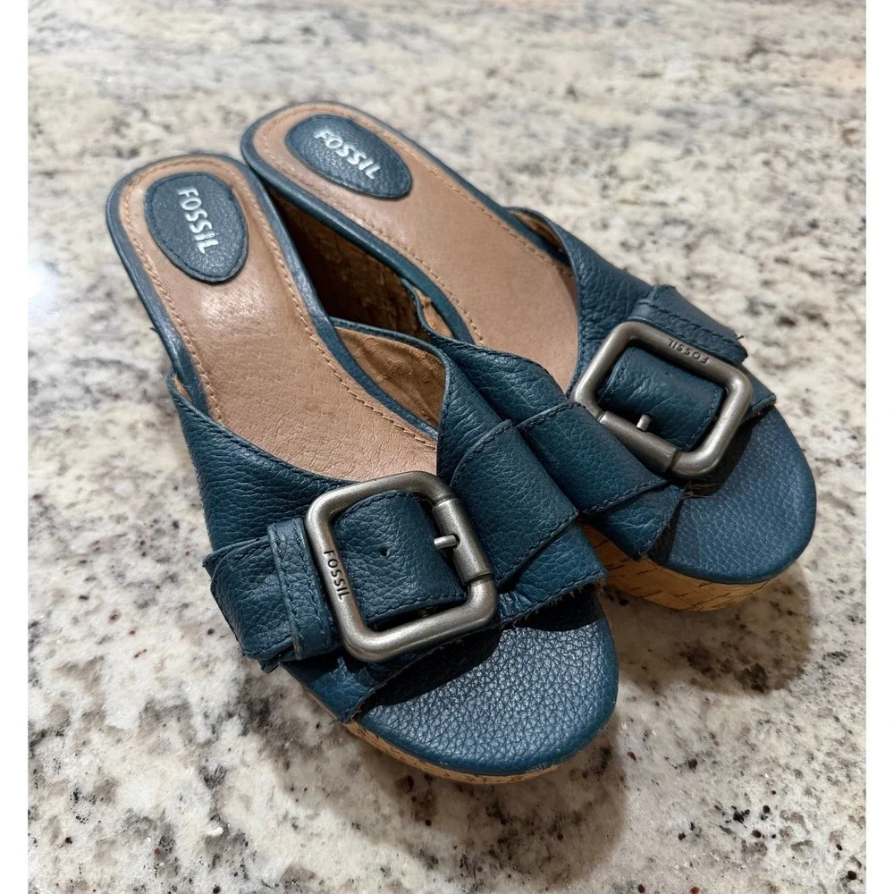 Fossil Blue Pebbled Leather Cork Wedge Sandals Buckle Slide FFW4214470 Size 8